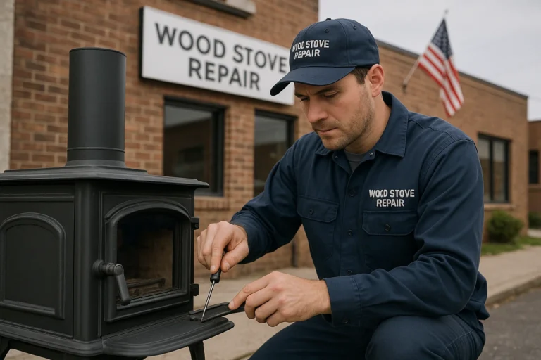 Professional repairing a wood stove to restore efficiency and safety