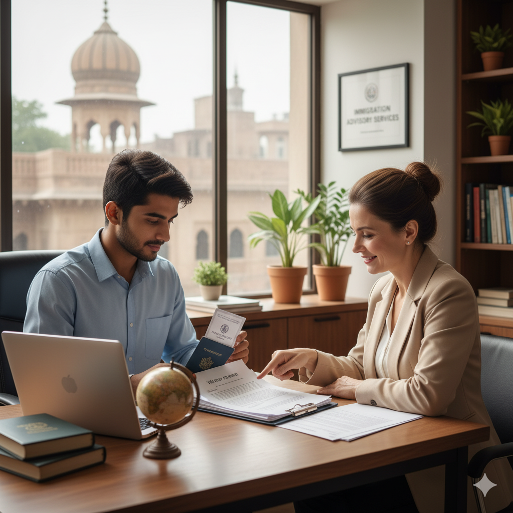 Student preparing visa documents with consultant in Lahore — study abroad guidance.